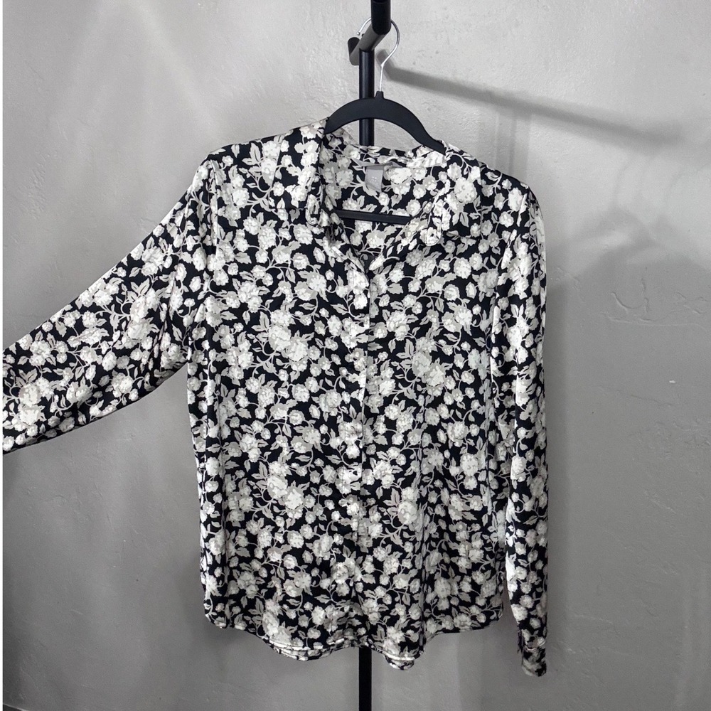 H&M Oversized Floral Blouse in Black & Cream Size Medium